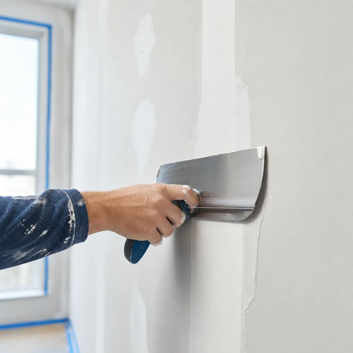Tradesperson smoothing taped drywall seams with a finishing knife