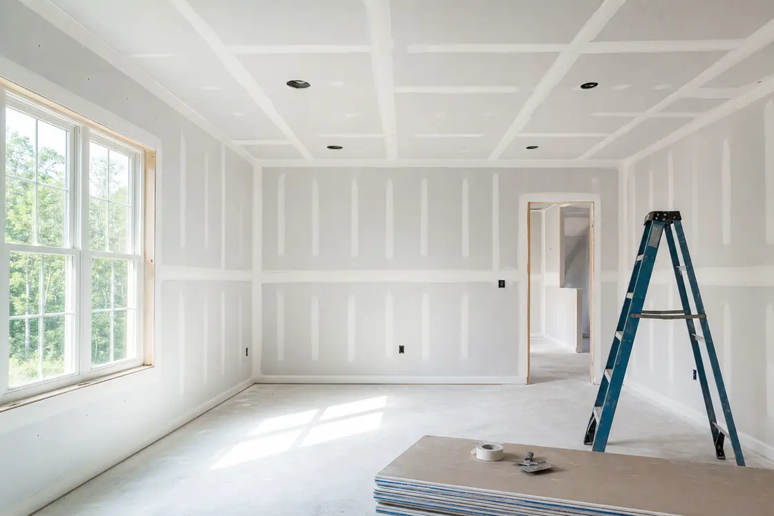 Drywall boards installed on walls and ceiling with taped seams