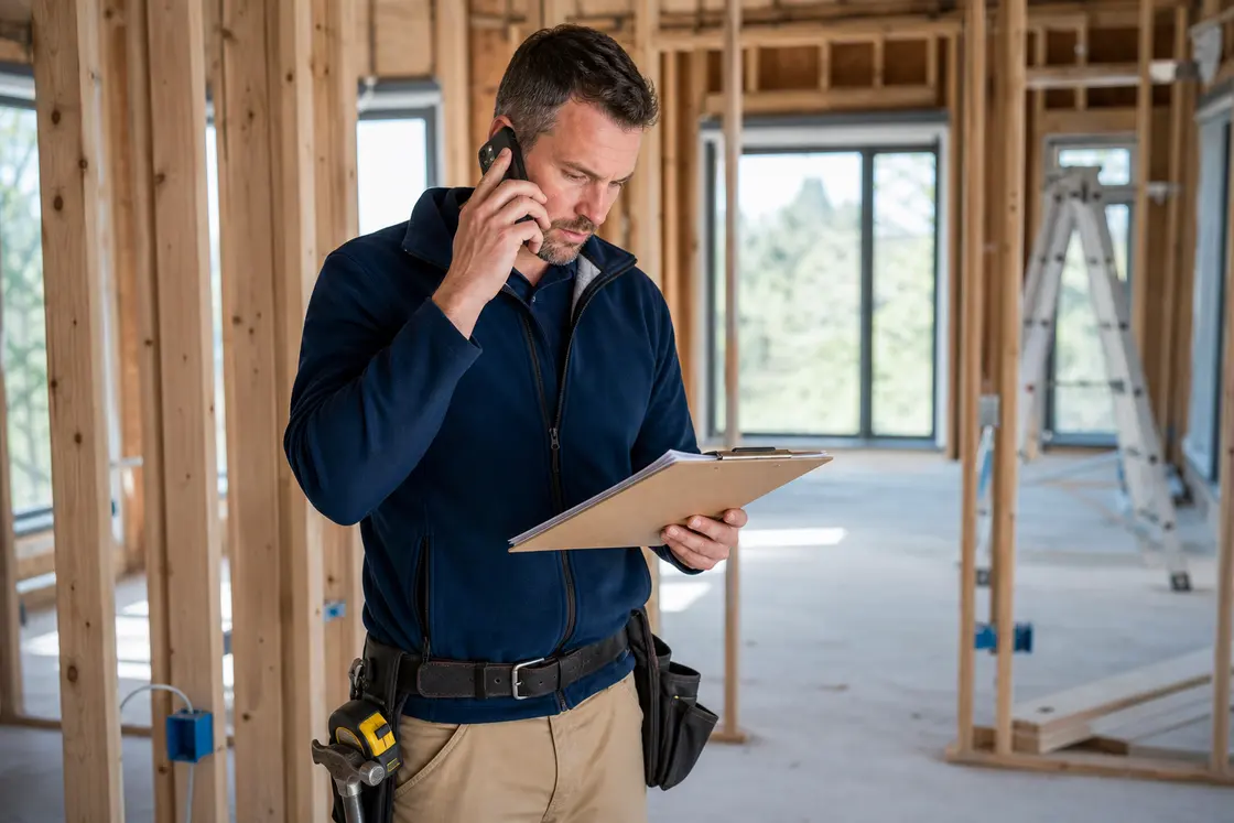 Contractor on a phone call reviewing a residential framing project